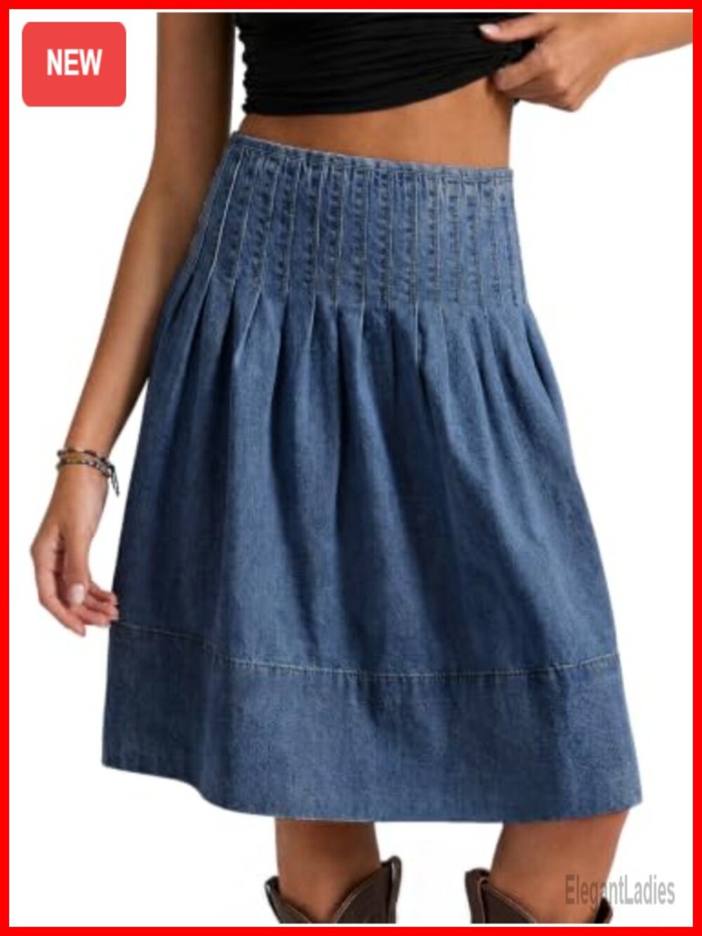 Pleated Denim Midi Skirt High Waisted A-Line Knee Length